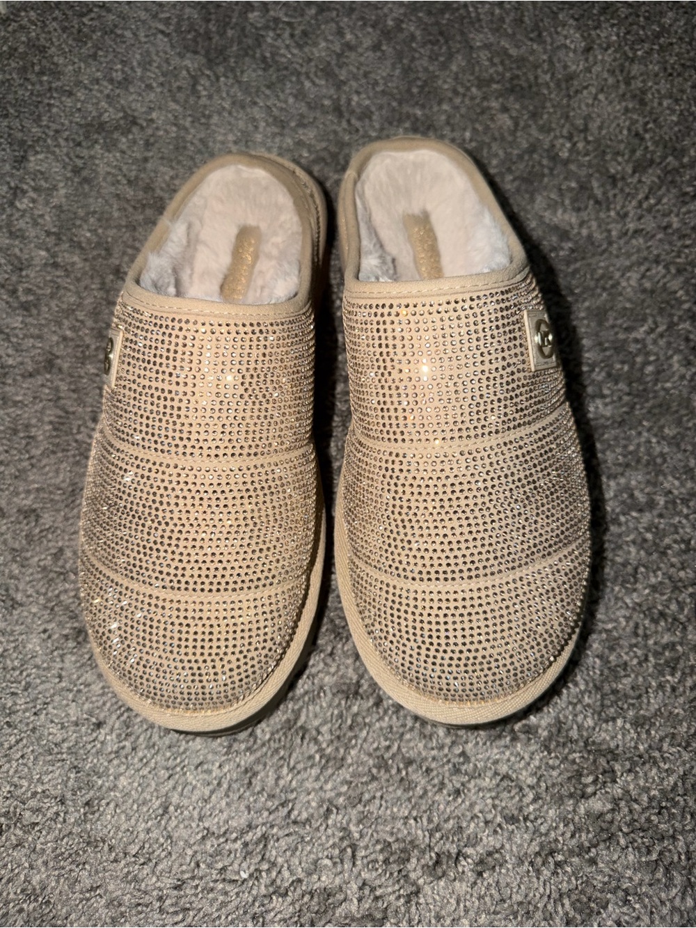 Michael Kors Beige Crystal-Embellished Faux-Fur Slip-On Mules